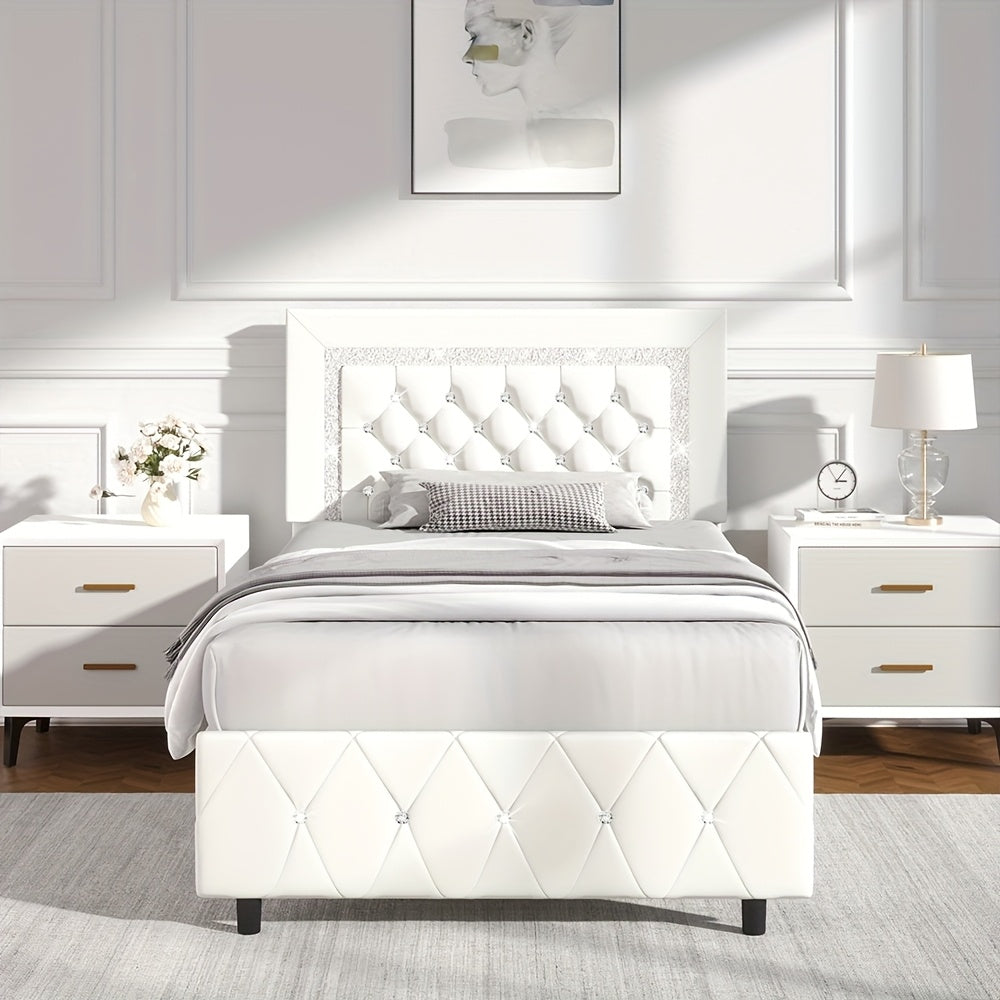 Upholstered Bed Frame with Diamond Tufted Headboard & Footboard – Faux Leather, Wooden Slats, No Box Spring Needed | Twin Full Queen King