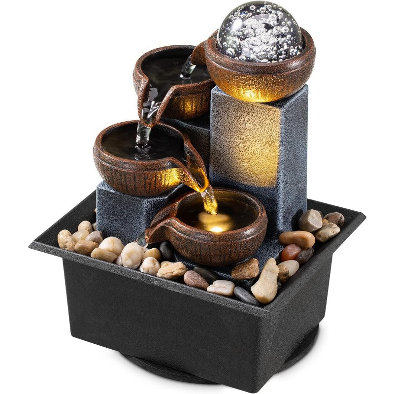 4-Tier Desktop Water Fountain with LED Lights, Decorative Bubble Balls & Natural River Stones, Indoor Tabletop Waterfall Fountain for Home & Office Relaxation, Meditation Zen Decor