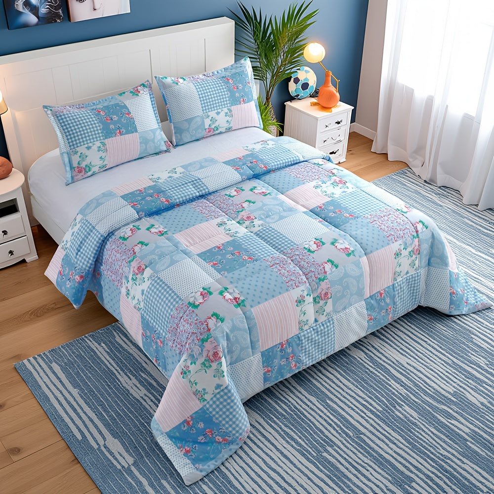 Blue Checkered Floral Comforter Set 2/3 Piece – Lightweight All-Season Quilt with Pillowcases, Soft Bedding Set Twin Queen King, Machine Washable