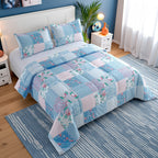 Blue Checkered Floral Comforter Set 2/3 Piece – Lightweight All-Season Quilt with Pillowcases, Soft Bedding Set Twin Queen King, Machine Washable