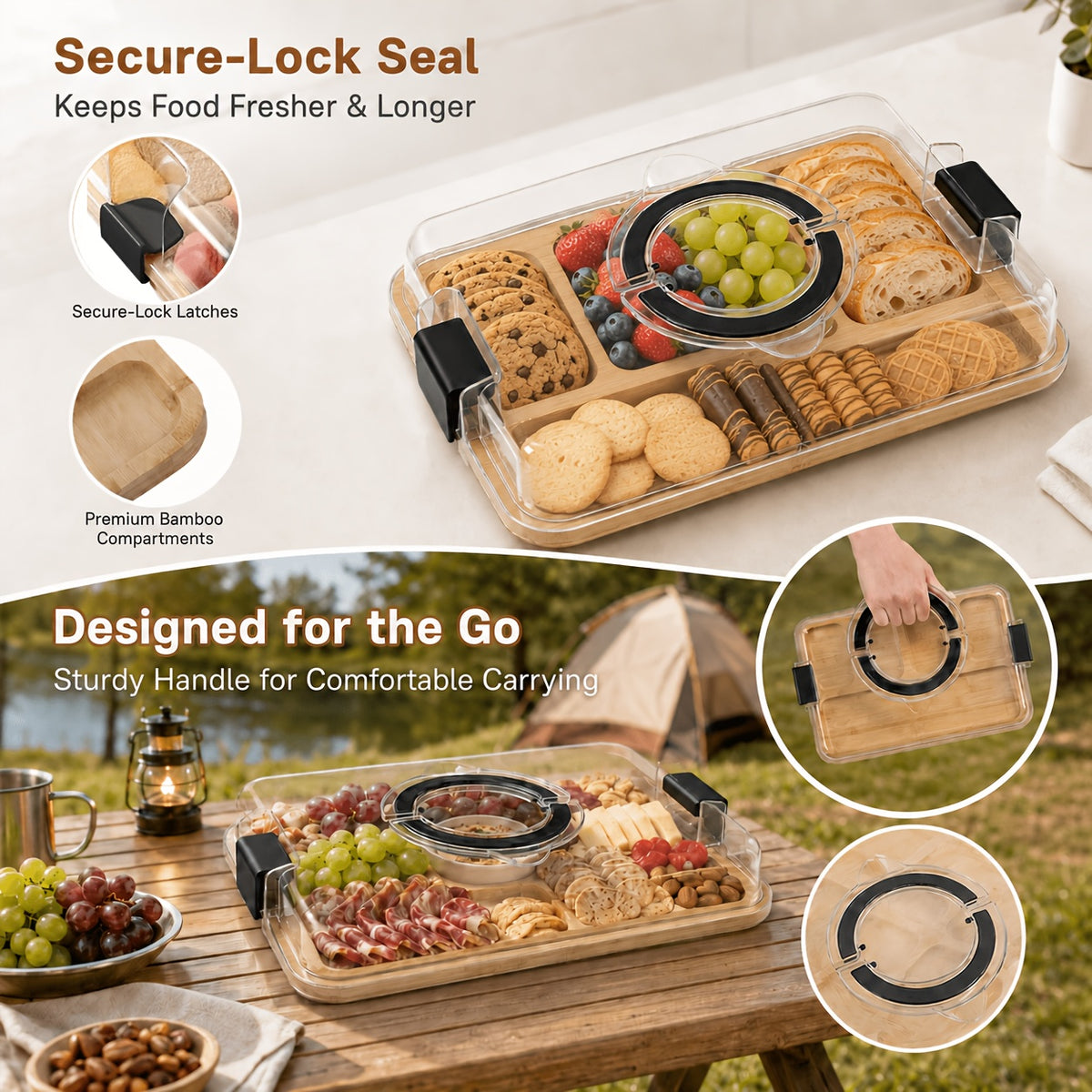 Bamboo Charcuterie Board with Clear Lid & 5 Compartments – Serving Platter Tray with Handle, Side Locks & Reusable Snack Board for Cheese, Fruit, Crackers, Appetizers, Party & Holiday Gatherings