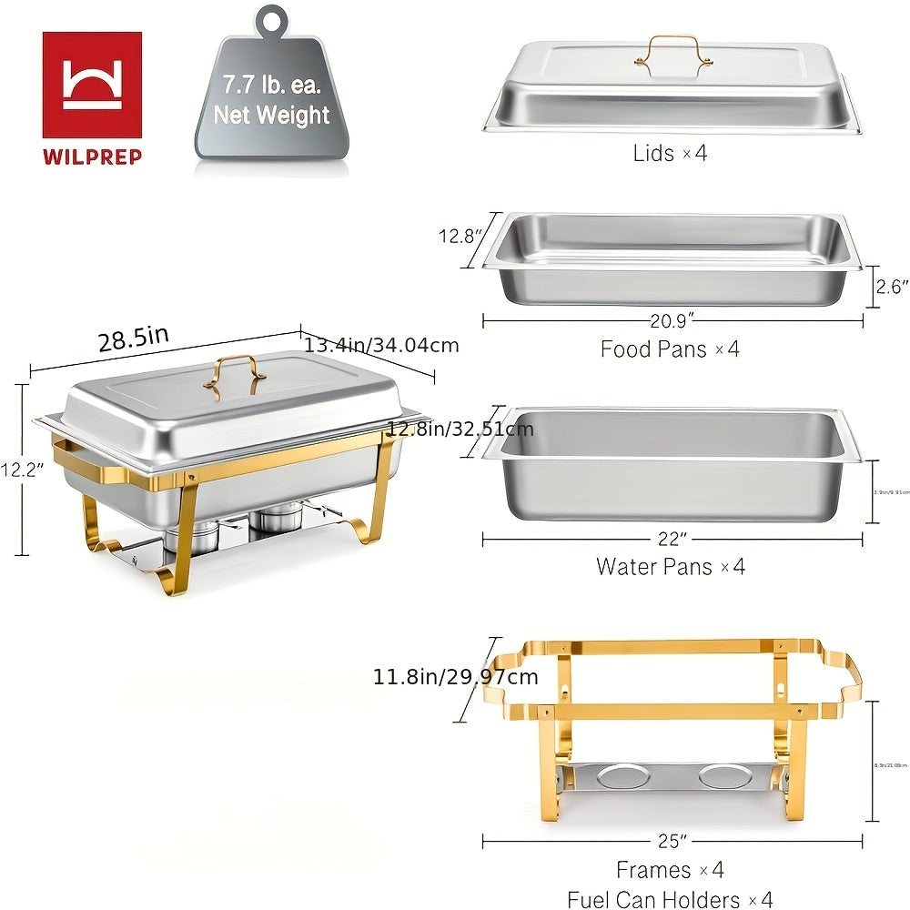Golden Chafing Dish Buffet Set 9QT Stainless Steel Chafer with Full-Size Pans – Elegant Gold & Silver Finish Food Warmer for Weddings, Parties, Banquets & Catering Events (2 or 4 Pack)