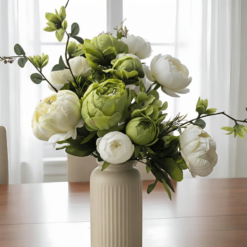 Vintage Peony Hydrangea Artificial Flowers 1-2 Bunches 13 26 Stems Rustic Brown Beige Green Mix | Fake Floral Centerpiece for Wedding Bridal Home Living Room Indoor Decor