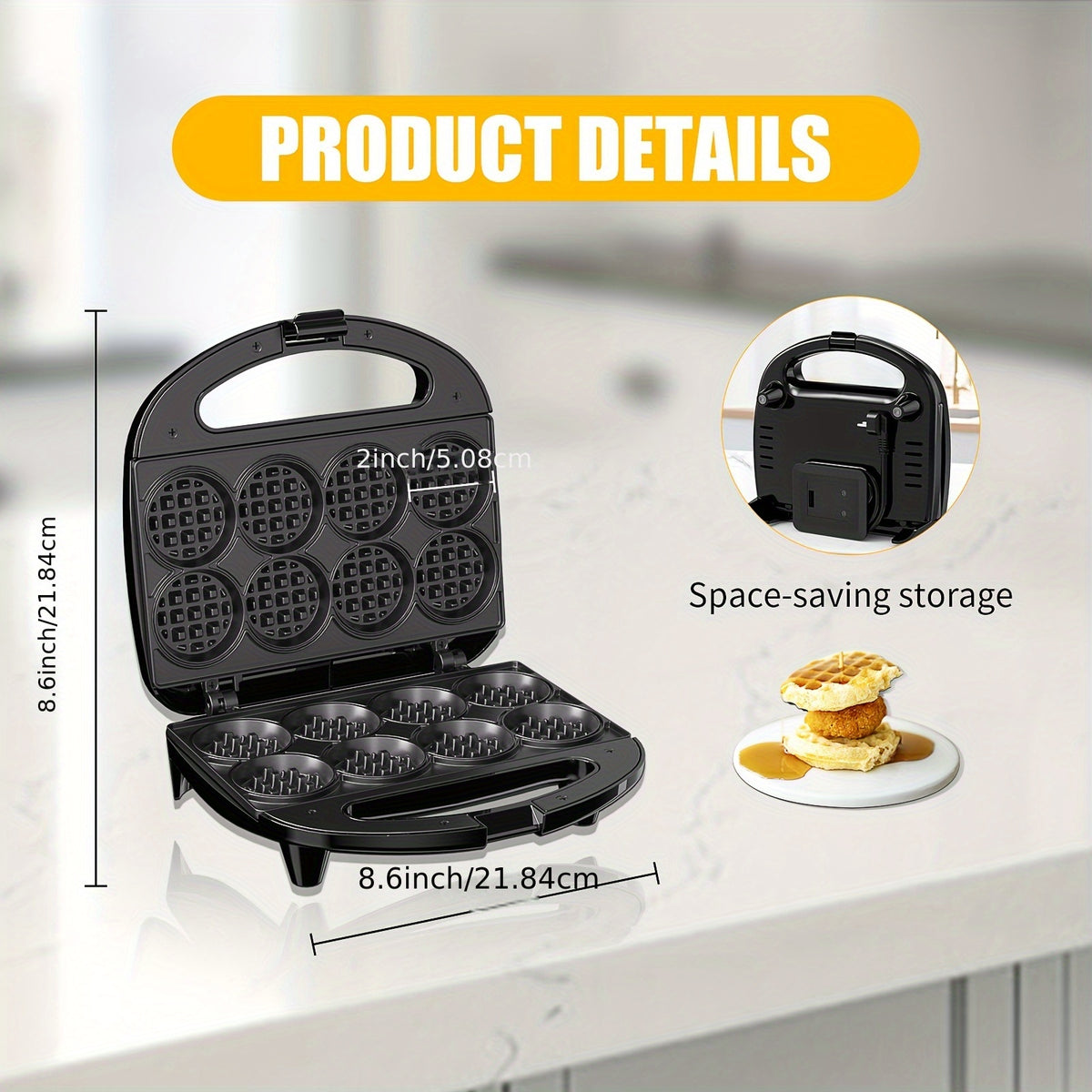 Mini Waffle Maker Makes 8 Bite-Size 2-Inch Waffles Dual Non-Stick Plates Cool Touch Handle Compact Family Breakfast Maker