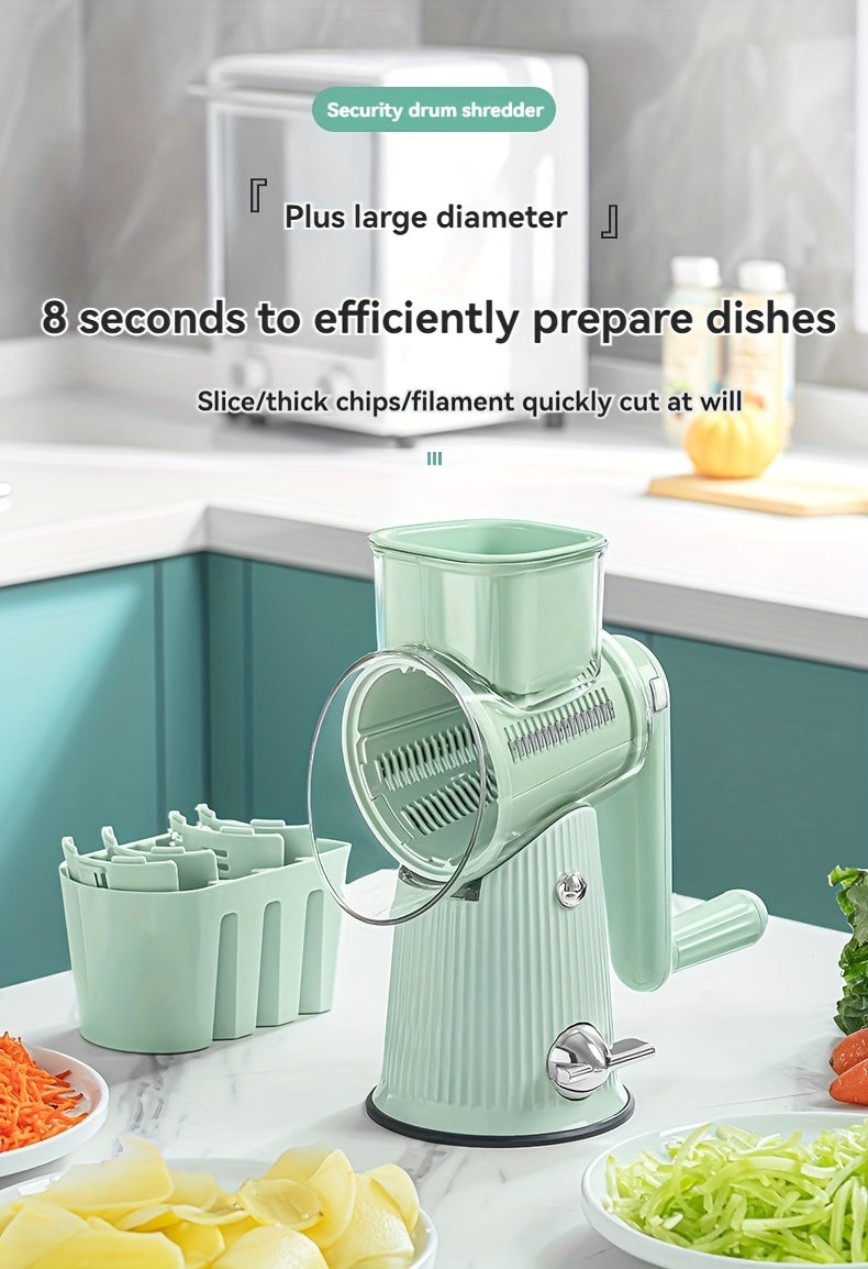 5-in-1 Rotary Cheese Grater with Interchangeable Blades, Suction Cup Base & Handle – Manual Vegetable Slicer Shredder for Cheese, Fruits, Nuts & Vegetables – Easy Clean Kitchen Tool Set