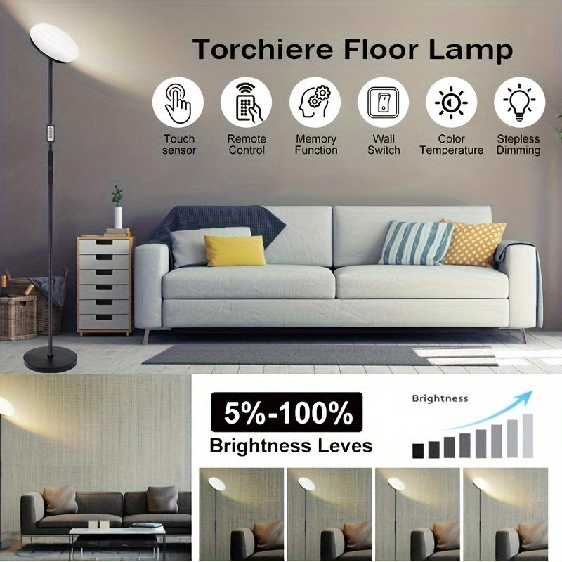 30W LED Torchiere Floor Lamp with Remote & Touch Control - 2400LM 3 Color Temperatures Modern Standing Pole Uplight for Living Room Bedroom Office, Black