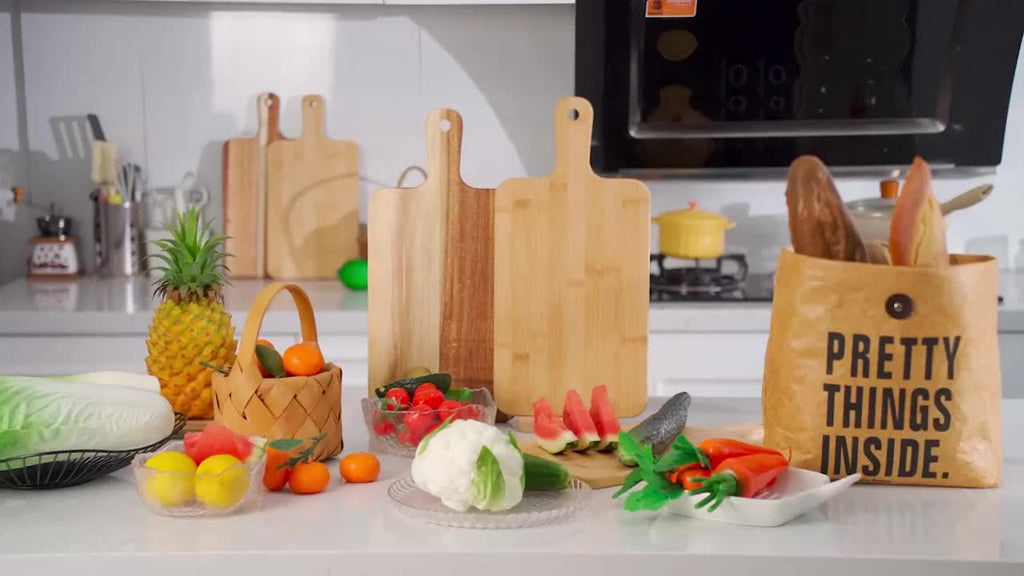 5 or 10-Pack Wood Cutting Boards with Handle – 15.7" x 7.8" Bamboo or Acacia Chopping Boards for Vegetables, Meat & Cheese – Durable Kitchen Food Prep Boards for Home Chefs