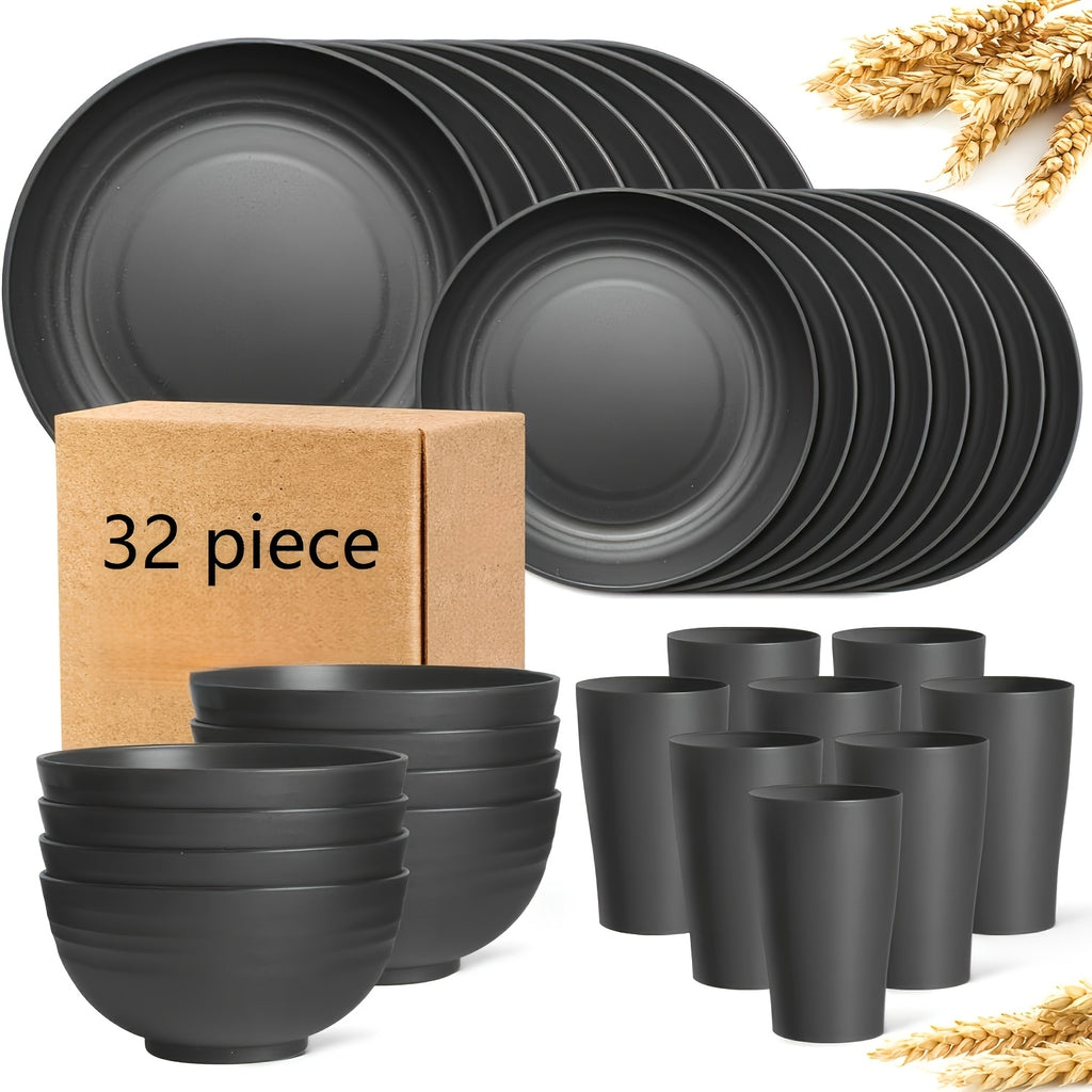 32-Piece Wheat Straw Dinnerware Set for 8 – Unbreakable Plastic Plates, Dessert Plates, Bowls & Cups for Outdoor Camping, Halloween & Weddings – Colorful, BPA-Free Tableware