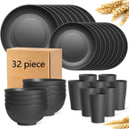 32-Piece Wheat Straw Dinnerware Set for 8 – Unbreakable Plastic Plates, Dessert Plates, Bowls & Cups for Outdoor Camping, Halloween & Weddings – Colorful, BPA-Free Tableware