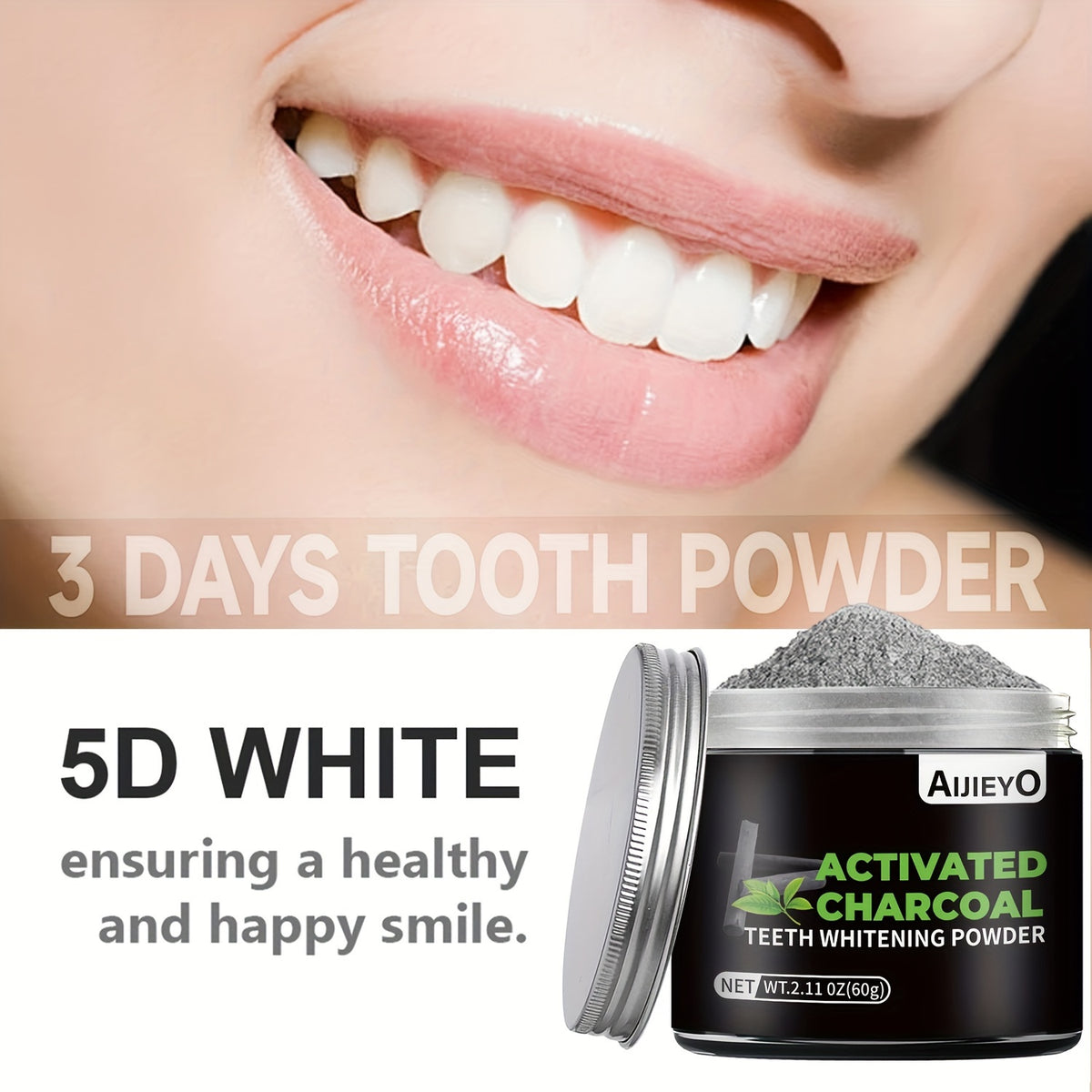 Activated Charcoal Teeth Whitening Powder Natural Brightening Tooth Polish Deep Cleaning Plaque Remover Mint Flavor Fresh Breath Daily Use 60g