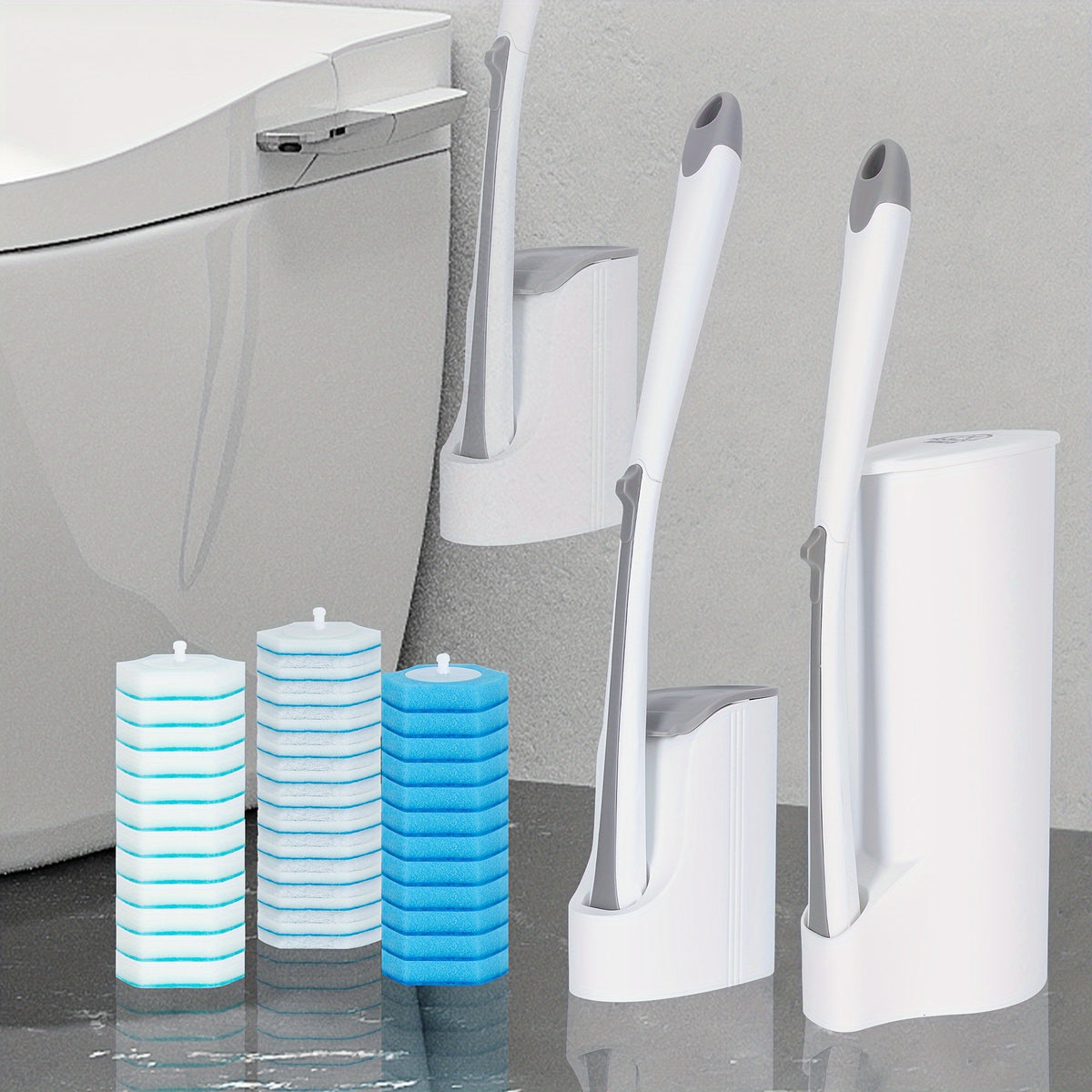 Disposable Toilet Brush Cleaning System with Holder & Refill Heads Wall or Floor Mount Hygienic No-Touch Bathroom Brush