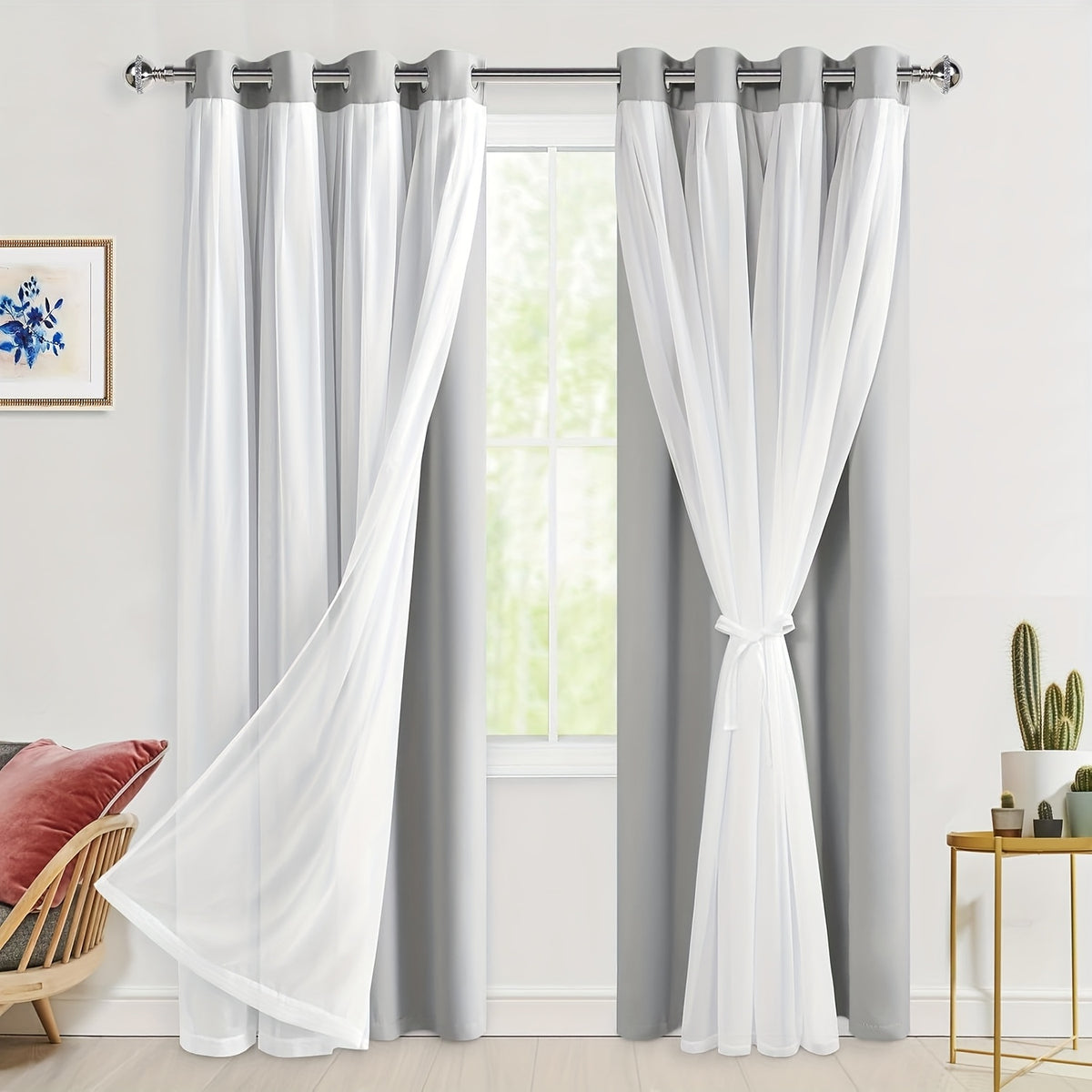 Double Layer Blackout Curtains with Sheer Overlay 2 Panels - Grommet Top Thermal Insulated Mix & Match Window Drapes with Tiebacks for Bedroom Living Room, All Season