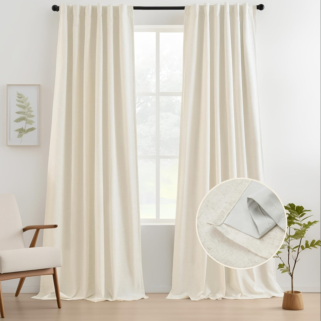 Linen Blackout Curtains 2 Panels – 100% Light Blocking Farmhouse Thermal Insulated Drapes, Rod Pocket Back Tab Ring Clips, Machine Washable, Living Room Bedroom, 9 Colors Multiple Sizes