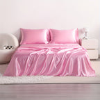 Cooling Satin Bed Sheet Set 4-Piece – Hypoallergenic Breathable Deep Pocket Flat & Fitted Sheet with Pillowcases, 300 GSM, 15 Colors, Twin to Cal King