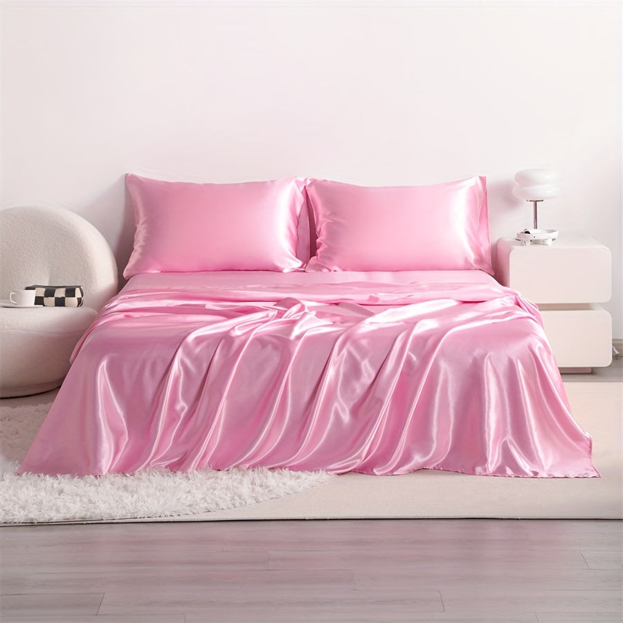 Cooling Satin Bed Sheet Set 4-Piece – Hypoallergenic Breathable Deep Pocket Flat & Fitted Sheet with Pillowcases, 300 GSM, 15 Colors, Twin to Cal King