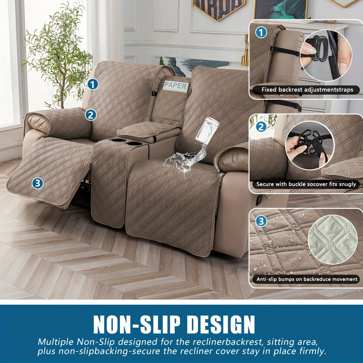 Recliner Loveseat Cover with Console 4-Piece Chenille Quilted Waterproof Slipcover | Non-Slip Pet Scratch Resistant Sofa Protector with Cup Holder Pocket, 9 Colors