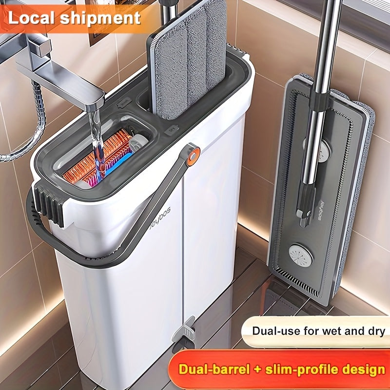 Flat Mop and Bucket Set 40cm, Hands-Free Wringing Dual Bucket System, 360° Rotating Mop Head, 2 or 6 Microfibre Replacement Pads, Wet & Dry Separation, Safe on All Floor Types