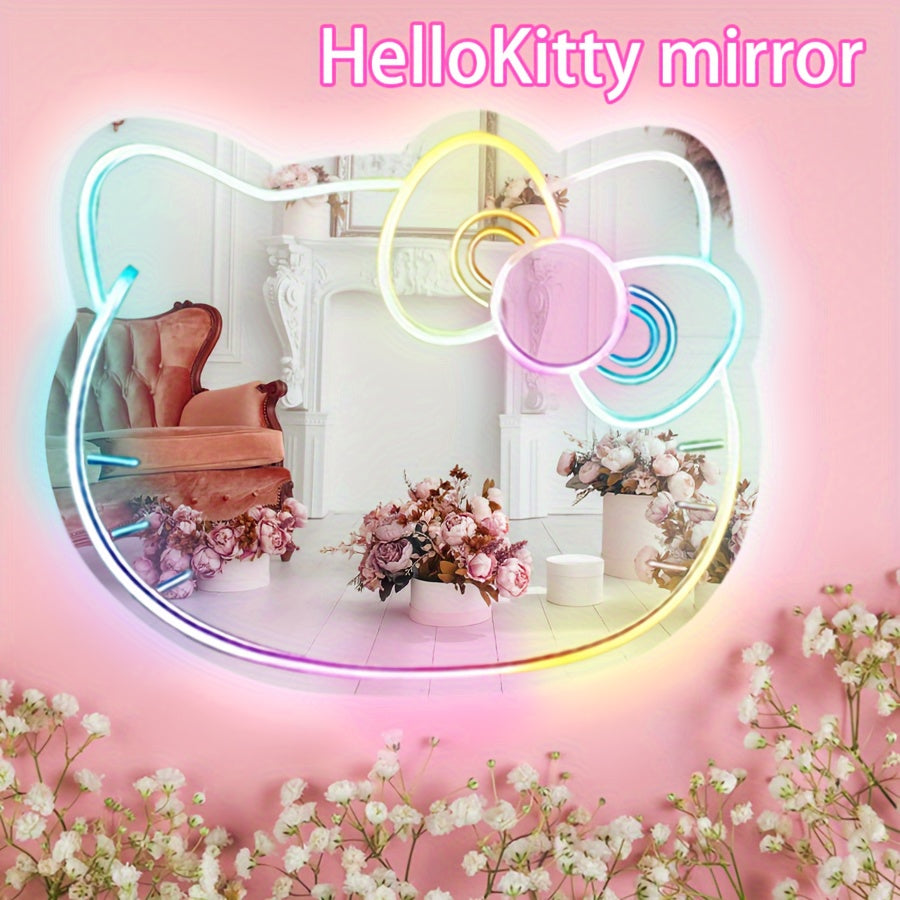 Dream Color Neon Mirror Sign LED Acrylic Cute Cat Wall Light – USB Powered Remote-Controlled Kawaii Bedroom Decor Neon Sign for Girls Room & Living Room