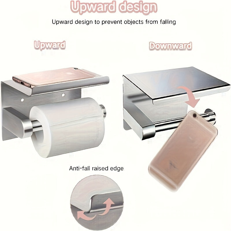 Self-Adhesive Toilet Paper Holder with Phone Stand - No-Drill Stainless Steel Wall Mount Bathroom Tissue Roll Holder with Shelf, Polished Finish Bathroom Accessories