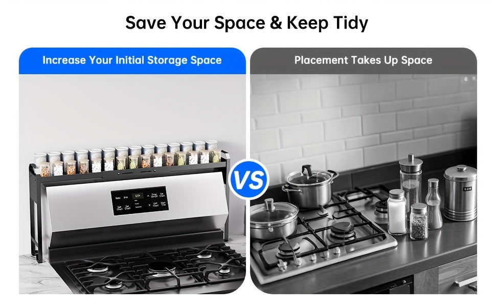 Stove Top Shelf Expandable Spice Rack – Adjustable Back of Stove & Over Sink Shelf for Kitchen Storage Organization, Black