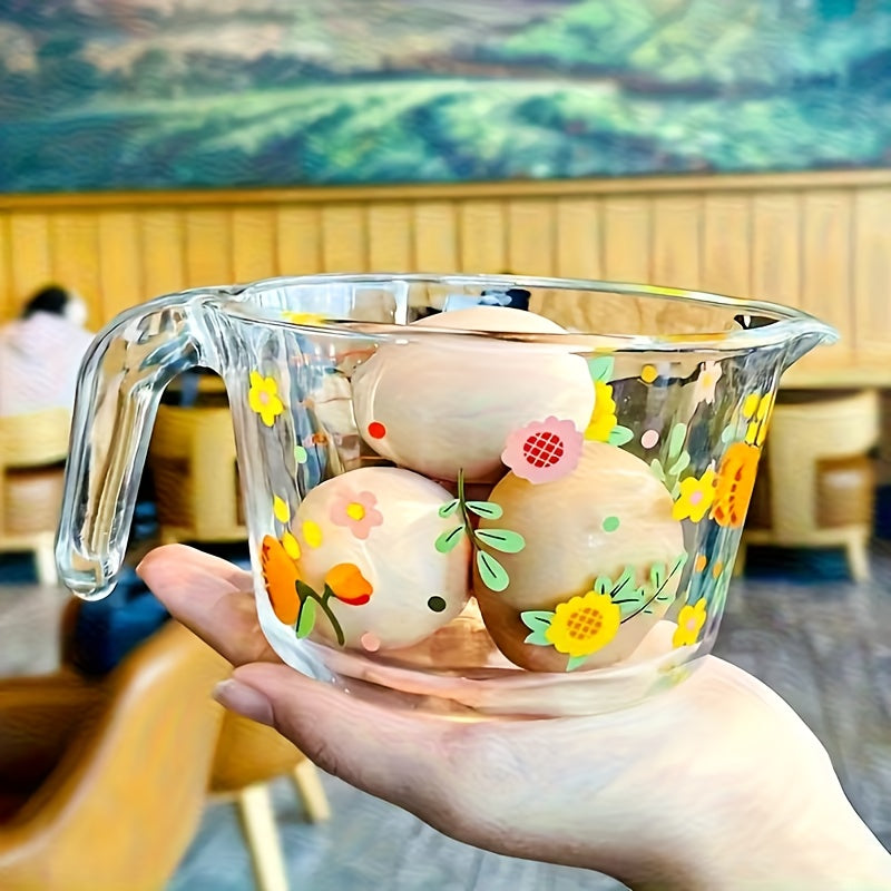 Lidded Floral Glass Measuring Cup Set – Heat-Resistant, Microwave-Safe, BPA-Free with Handle & Clear Markings for Baking & Cooking