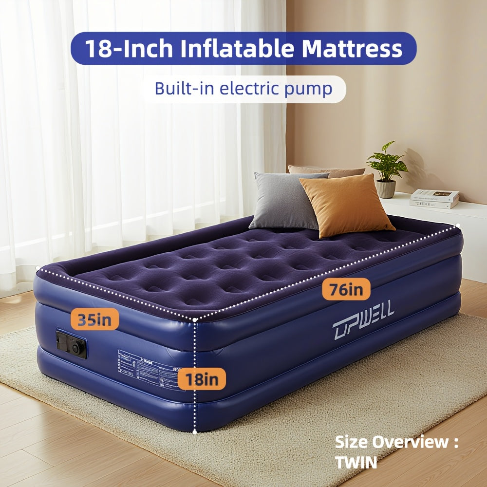 18-Inch Inflatable Air Mattress with Built-In Pump – Twin & Queen Size | Plush Velvet Top, Non-Slip Bottom | Portable Camping & Indoor Guest Bed | Durable PVC