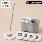 Spin Mop and Bucket Set with 4 Microfiber Heads - Compact Self-Wringing Hands-Free Floor Mop for Apartments Dorms & Small Spaces Fits Under Sink