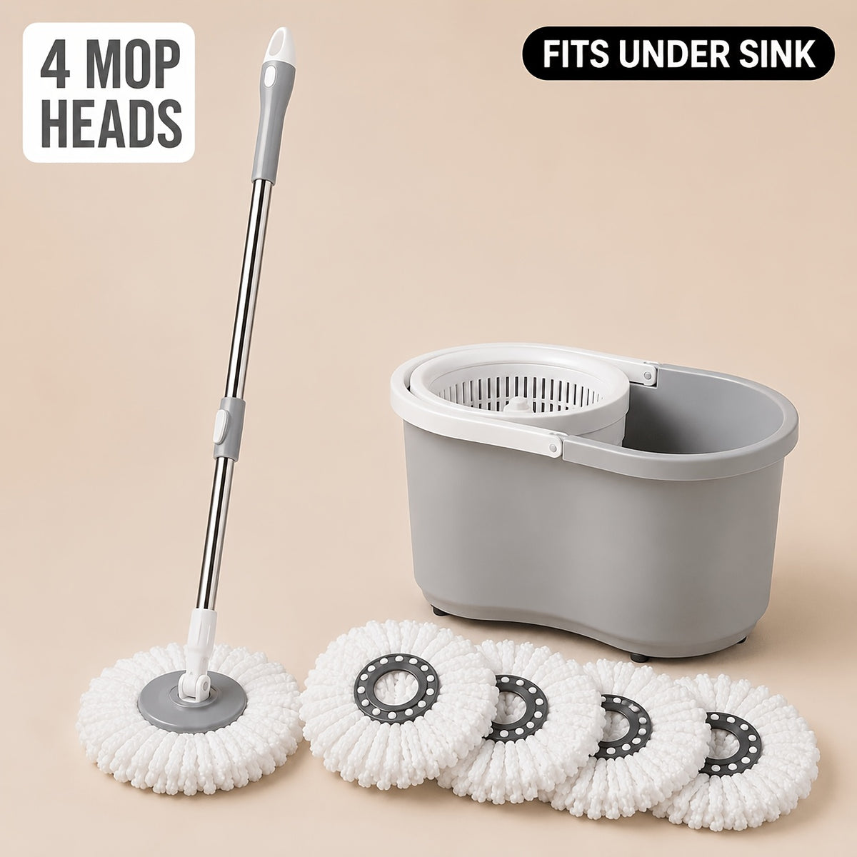 Spin Mop and Bucket Set with 4 Microfiber Heads - Compact Self-Wringing Hands-Free Floor Mop for Apartments Dorms & Small Spaces Fits Under Sink