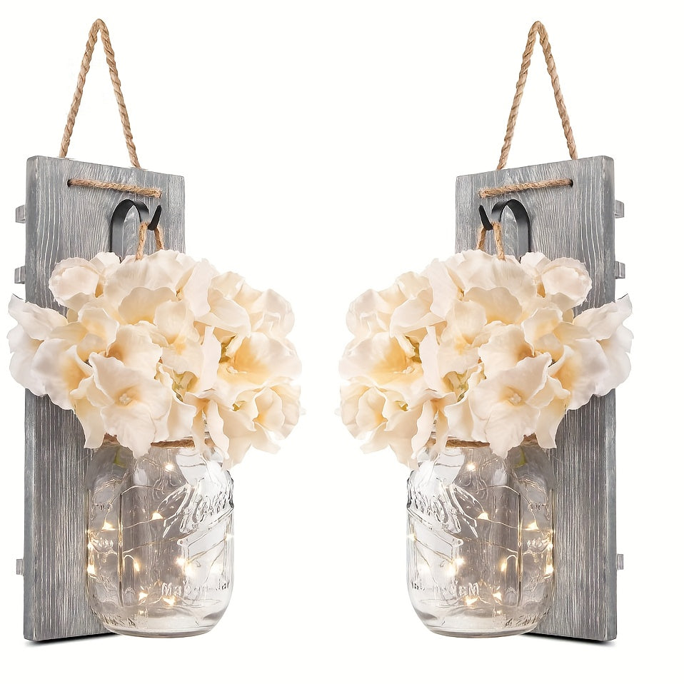 Mason Jar Wall Decor Set of 2 – Rustic Farmhouse Wall Sconces with Ivory Hydrangea Flowers & Light Fixture | Handmade Home Decor