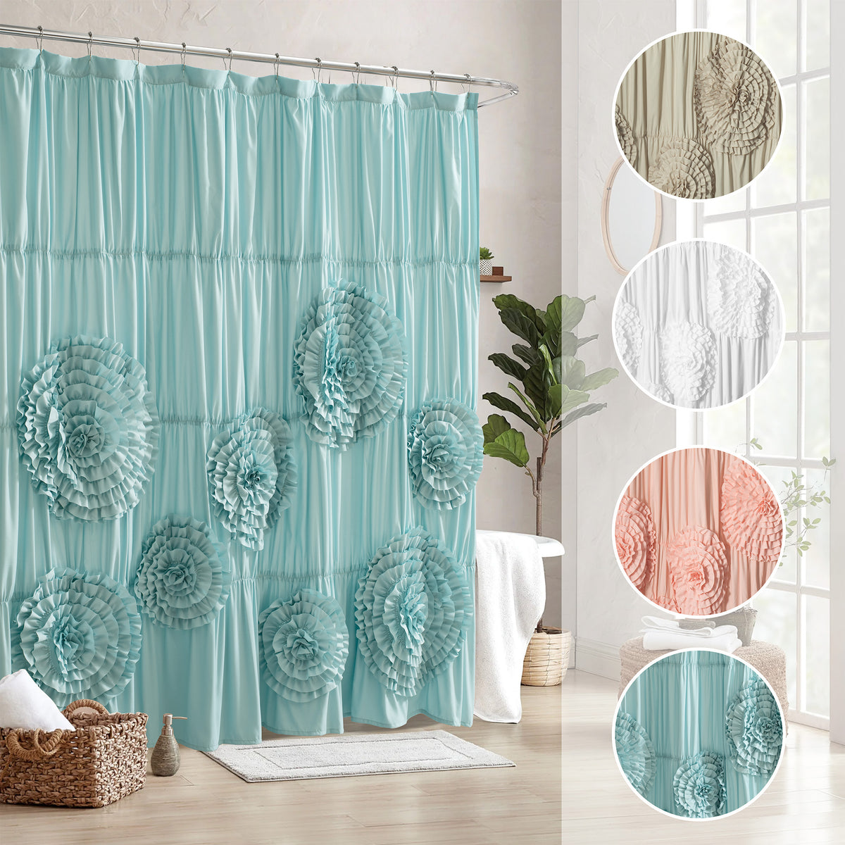 Ruffled Shower Curtain Farmhouse 72x72 - Handmade 3D Flower Vintage Ruched Fabric Bathroom Curtain, Victorian Romantic Luxury Decor, Black Pink Camel, Waterproof Microfiber 12 Holes
