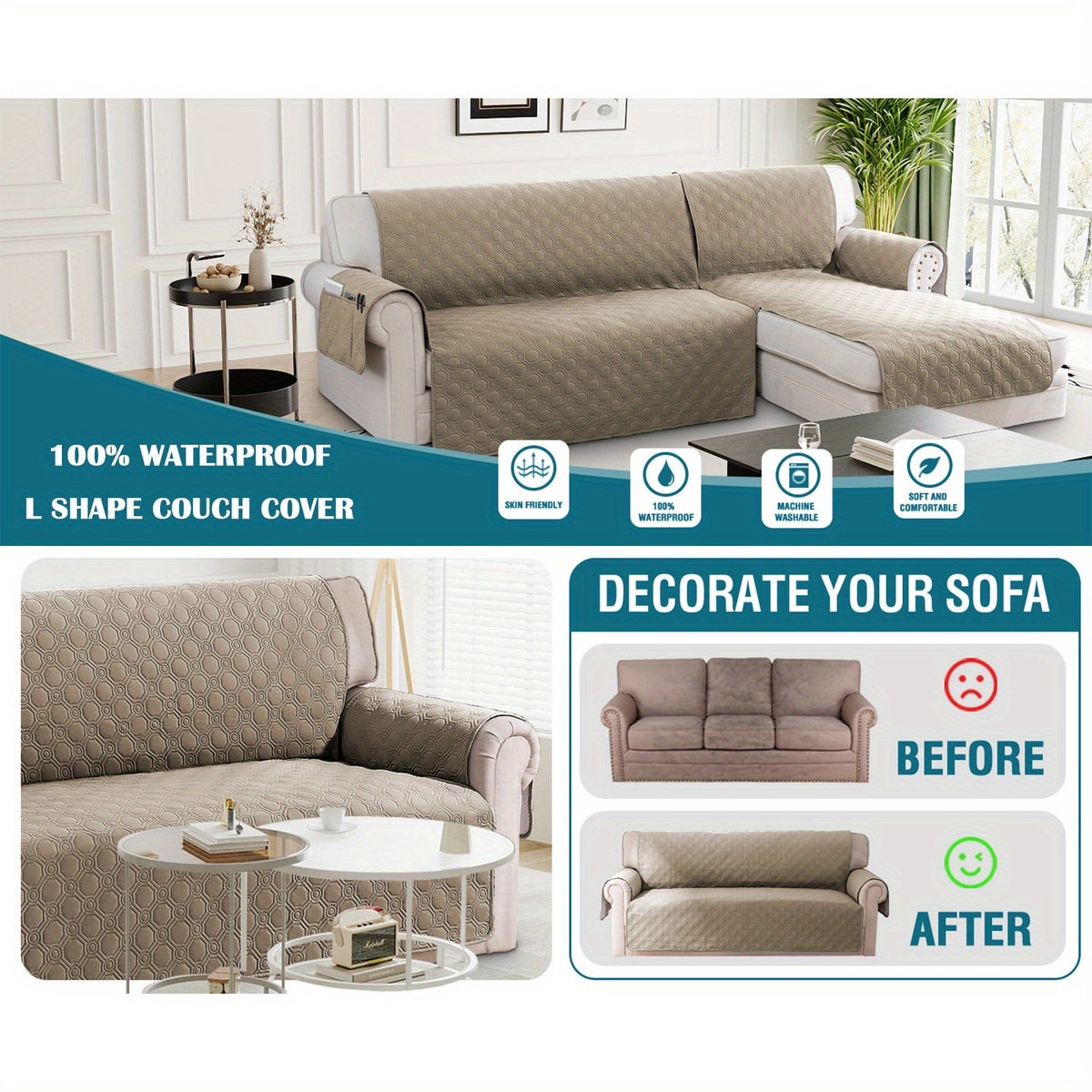L-Shaped Sectional Sofa Cover 100% Liquid-Resistant Couch Slipcover with Non-Slip Straps for Dogs Cats Pets Left Right Chaise