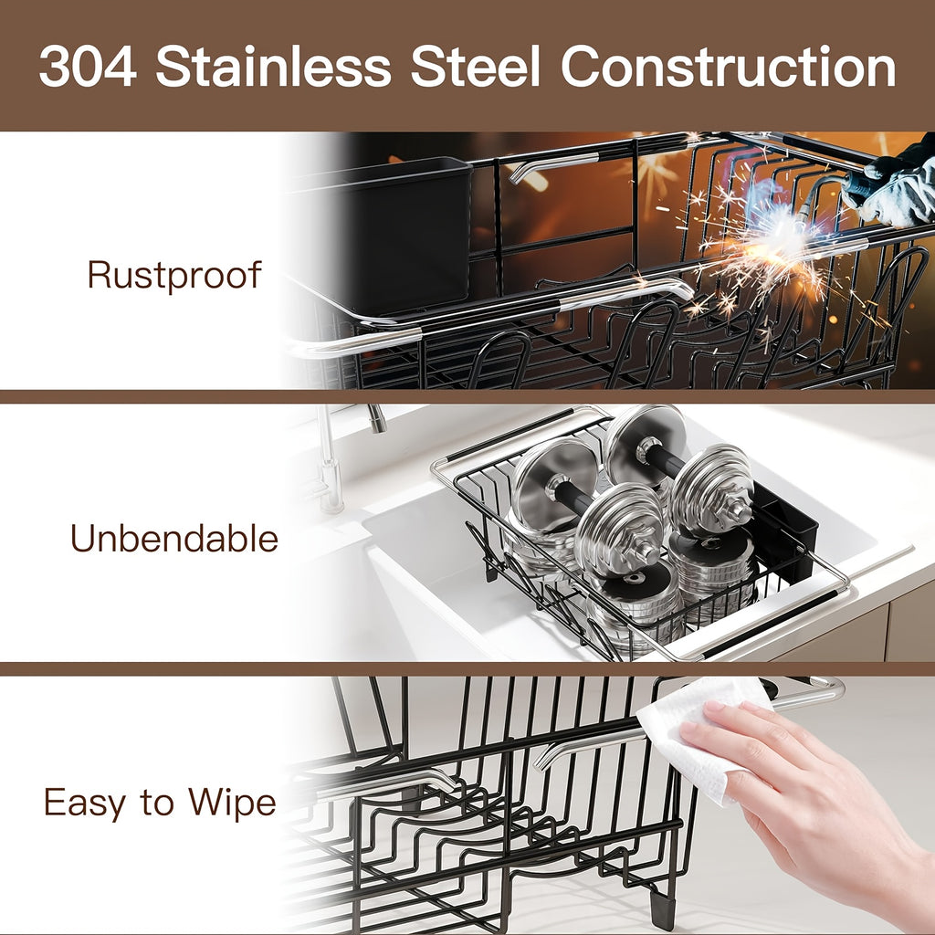Stainless Steel Over-the-Sink Dish Drying Rack & Colander Strainer Basket with Expandable Grip – Heavy-Duty Sink-Mounted Dish Drainer for Vegetable Washing & Space-Saving Kitchen Organization