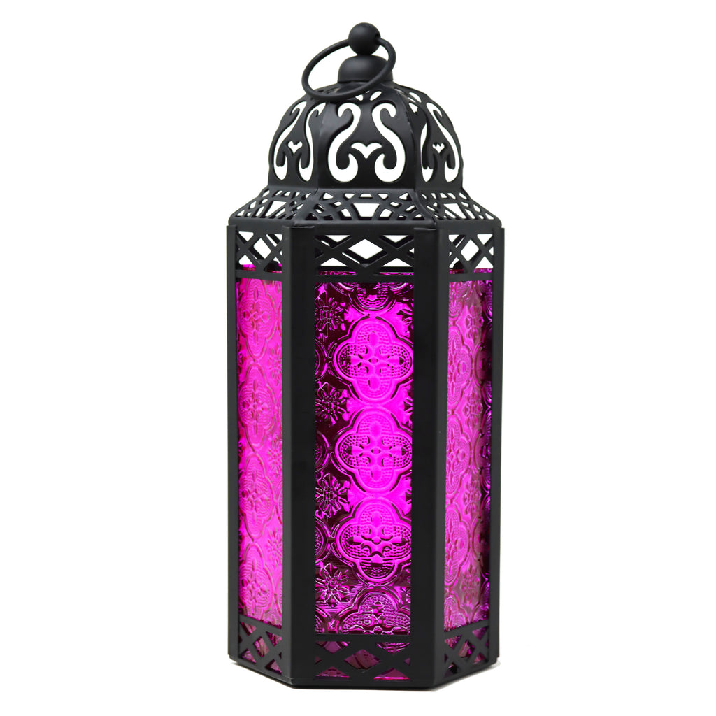 Moroccan Candle Lantern Holder Medium 10.5 Inch – Handcrafted Glass Iron Metal Lantern with Embossed Floral Panels, 17 Colors, Indoor Outdoor Use for Ramadan, Wedding, Patio, Diwali & Home Decor