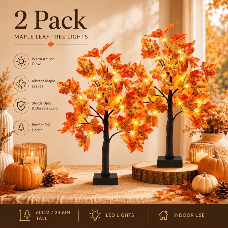 Fall Maple Leaf Tree Table Lamps 2-Pack 21 Inch Battery Powered 24 LED Warm Light Artificial Autumn Tree Lights for Thanksgiving Halloween Indoor Home Decor