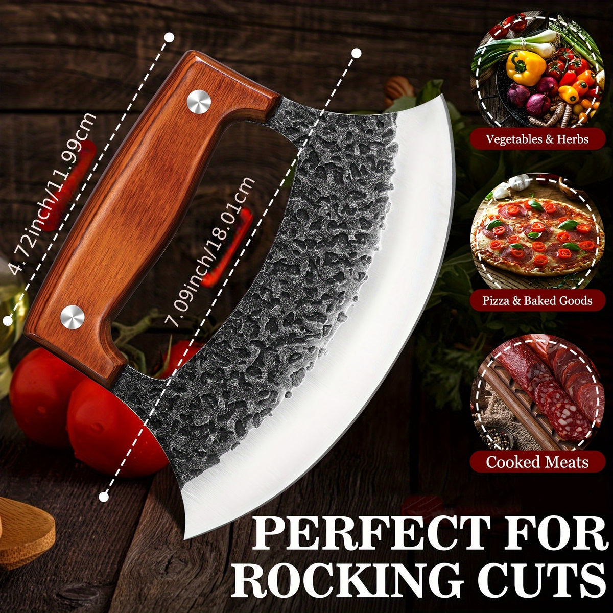 Hand-Forged Ulu Rocker Pizza Cutter & Mezzaluna Chef Knife – High Carbon Steel or Stainless Steel with Rosewood Handle, Leather Sheath & Gift Box – Kitchen, Camping & BBQ – Birthday Gift for Men