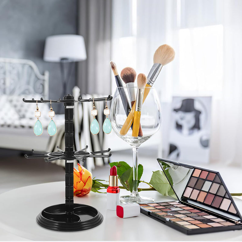 Rotating Jewelry Stand 2-Tier Black Plastic Necklace Bracelet Earring Keychain Hanging Organizer Display Rack for Dressing Table Counter – 360° Spinning Tabletop Jewelry Tower Holder