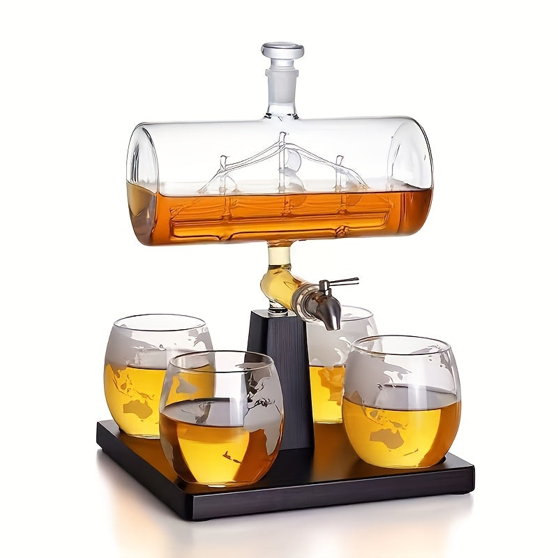 Glass Liquor Decanter Set with 4 Spherical Cups 1000ml Bar Whiskey Wine Pourer Dispenser Gift for Men