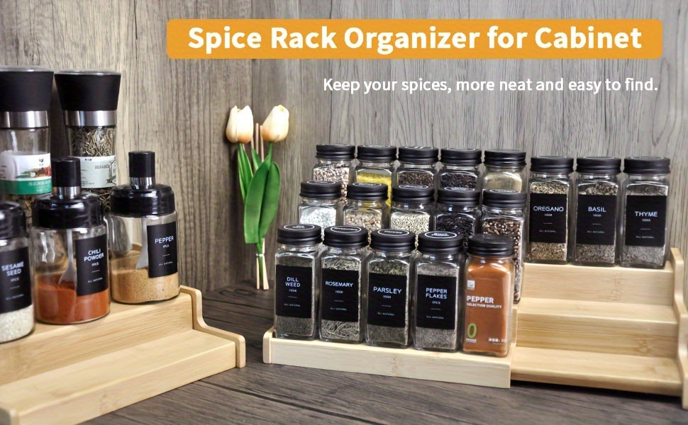 Bamboo 3-Tier Ladder Spice Rack & Kitchen Cabinet Organizer – Expandable Countertop Shelf for Spice Jars, Bottles & Pantry Storage – Space-Saving Kitchen Display Stand