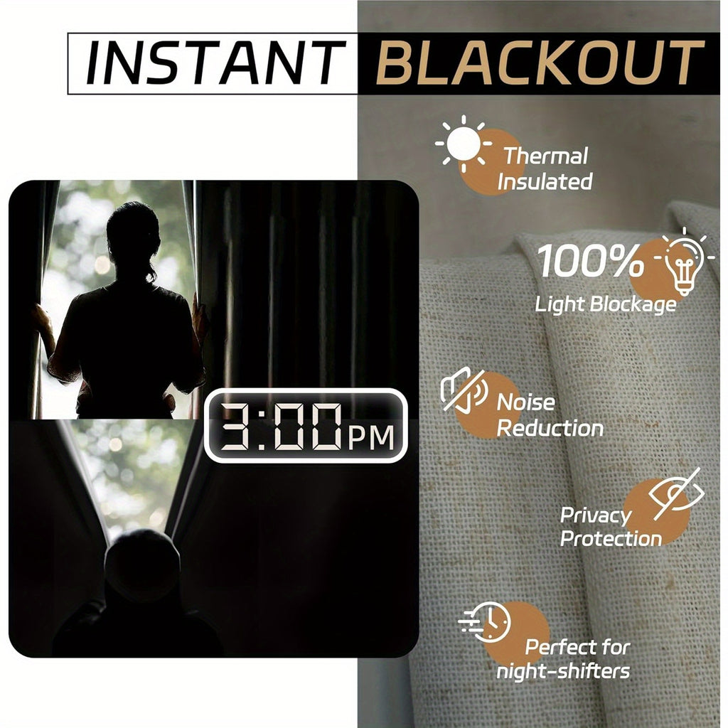 Linen Blackout Curtains 2 Panels – 100% Light Blocking Farmhouse Thermal Insulated Drapes, Rod Pocket Back Tab Ring Clips, Machine Washable, Living Room Bedroom, 9 Colors Multiple Sizes