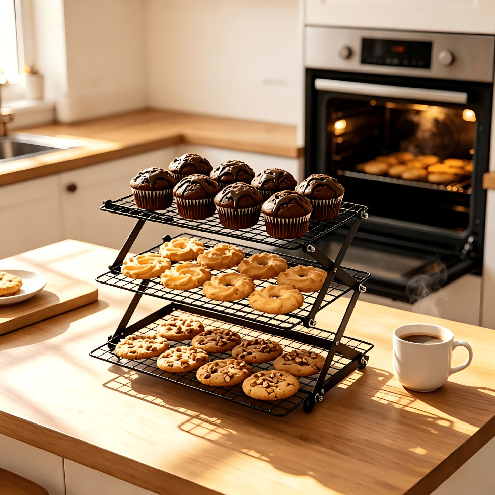 Foldable Cooling Rack 3-Layer Metal Wire Baking & Grilling Rack – Stackable Cake Cooling Tray for Baking, Roasting, Outdoor Picnic & Camping Grill