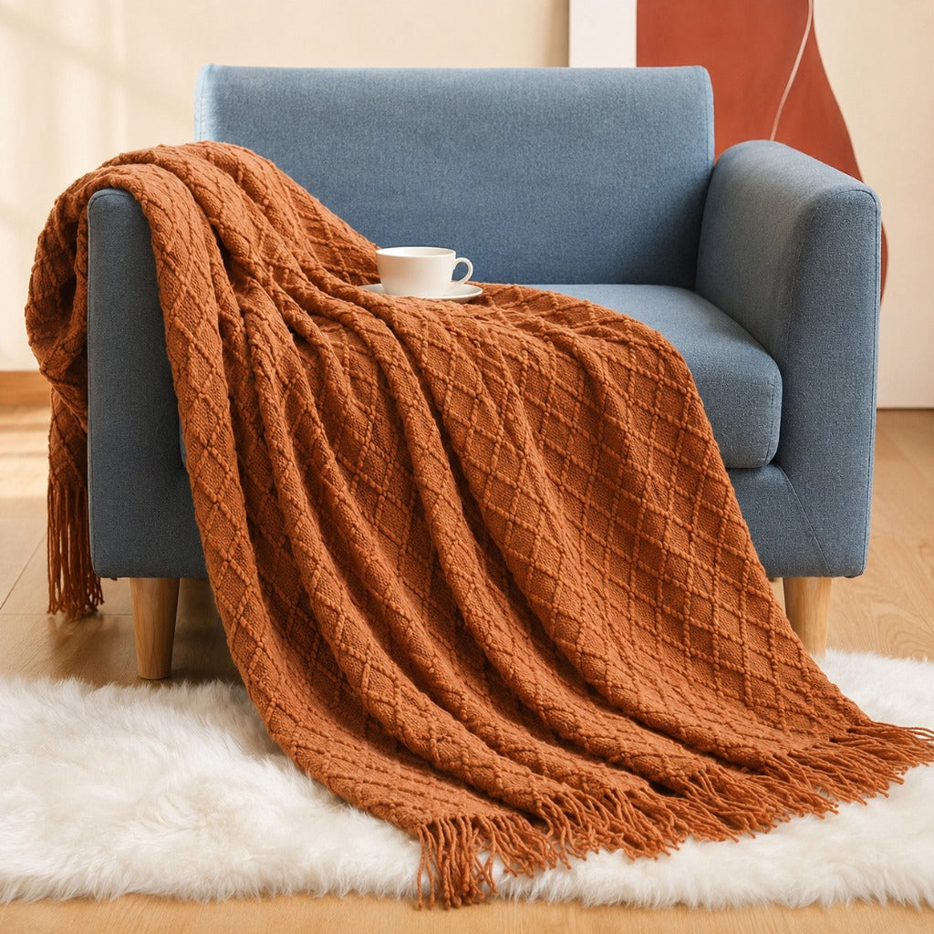 Acrylic Tassel Popcorn Texture Throw Blanket Soft Cozy for Sofa Bed Gift 8 Colors