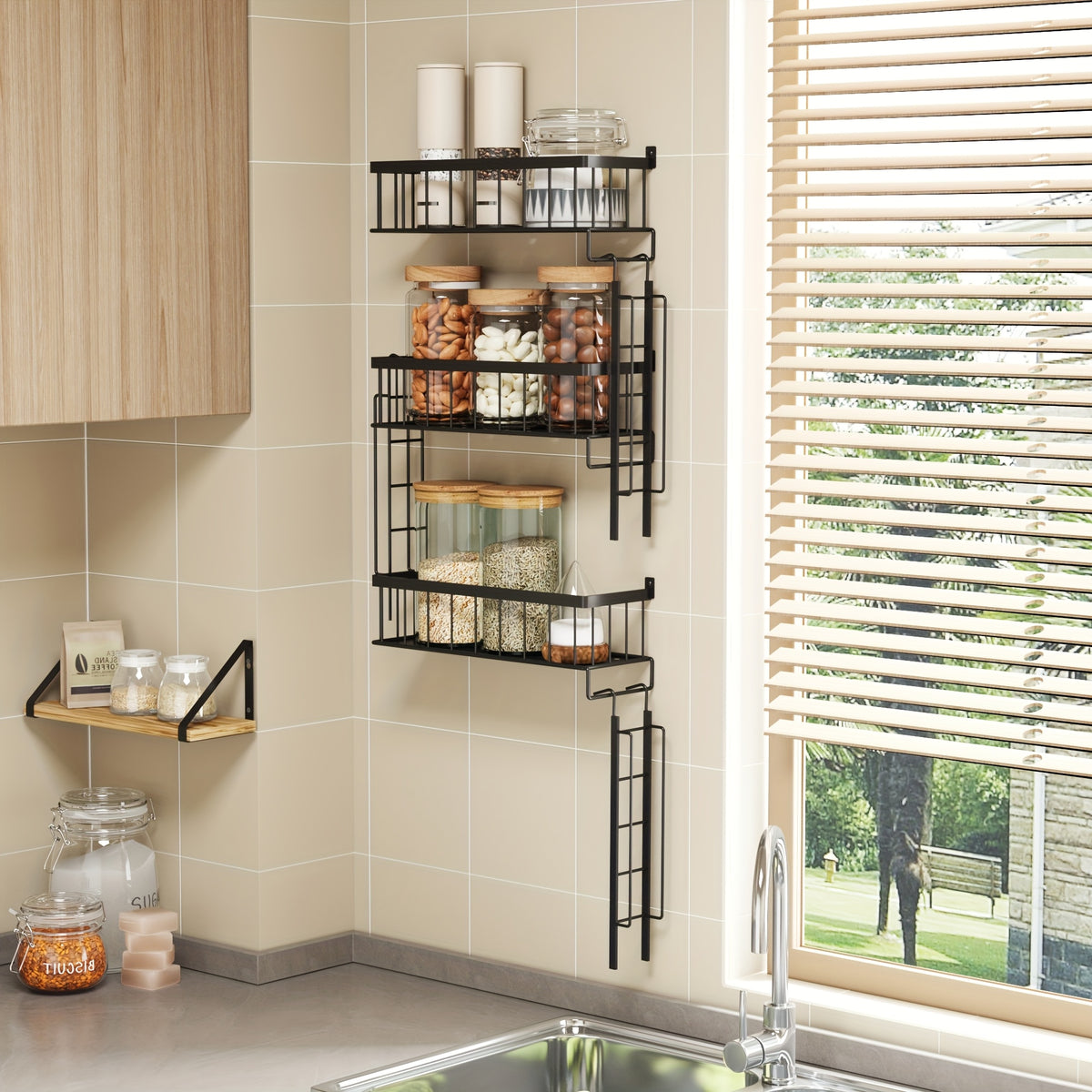 3-Tier Black Metal Floating Wall Shelf – Fire Escape Decorative Ladder Shelf, Wall Art Display Shelf for Bedroom Home Office Bathroom Living Room, Industrial Floating Shelves Room Decor