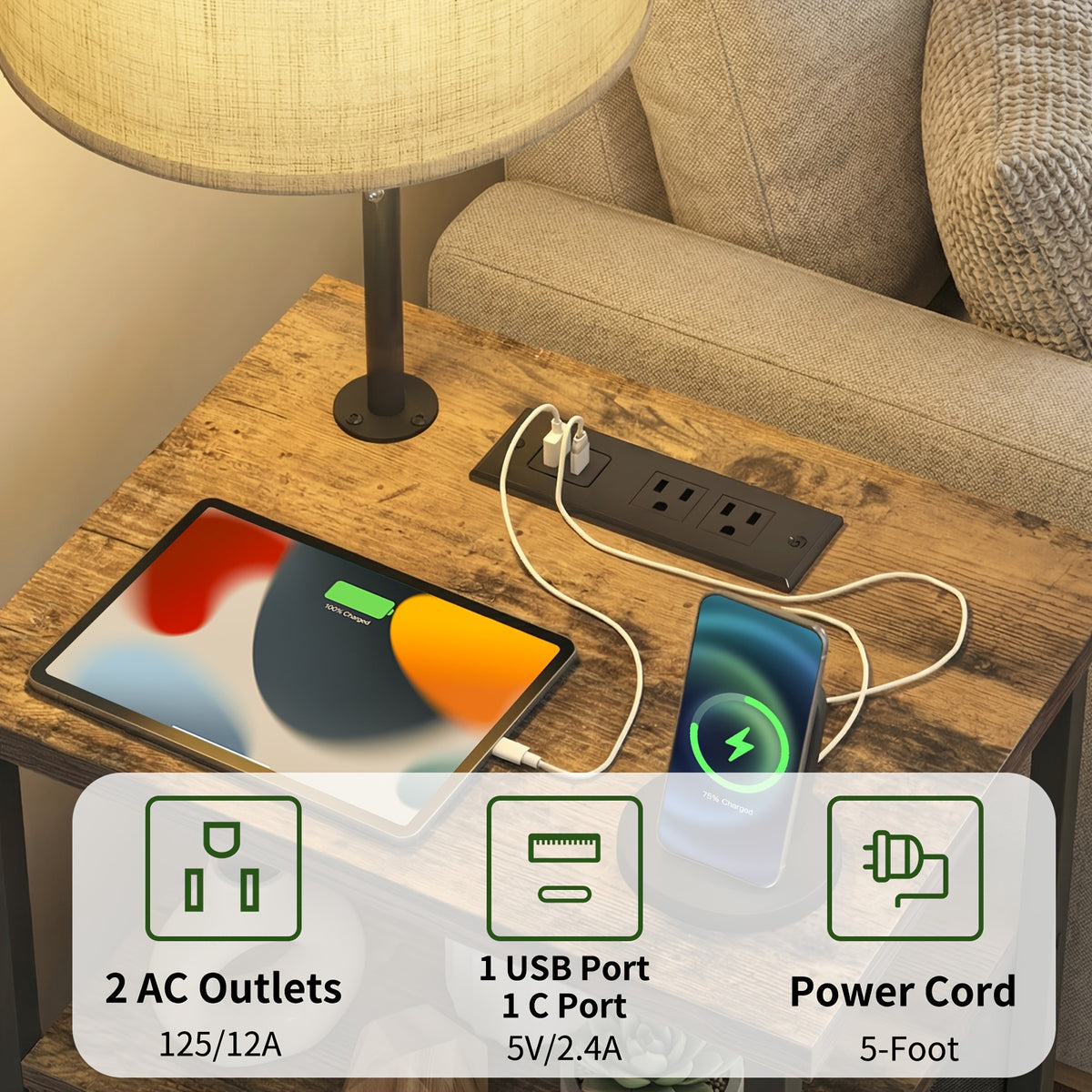 Nightstand with Built-in LED Lamp USB Port & Outlet – 1 or 2 Drawers Bedside Table for Bedroom Living Room, Black Brown White