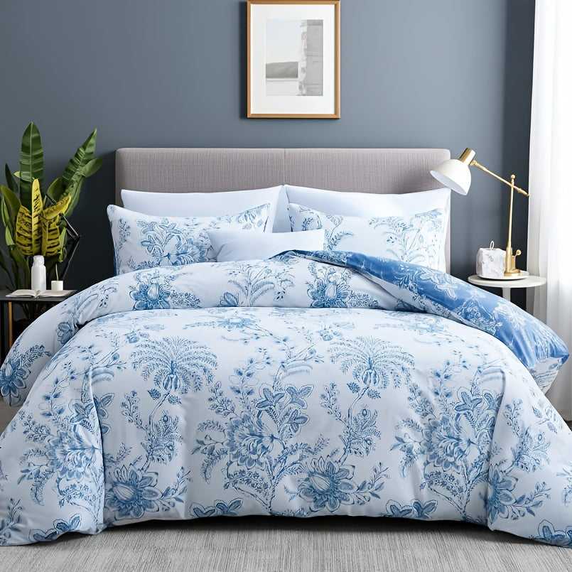 Soft Floral Comforter Set 3-Piece Easy Care – Lightweight Breathable All-Season Quilt with Pillowcases, Light Blue, White & Beige, Bed in a Bag Twin Queen King