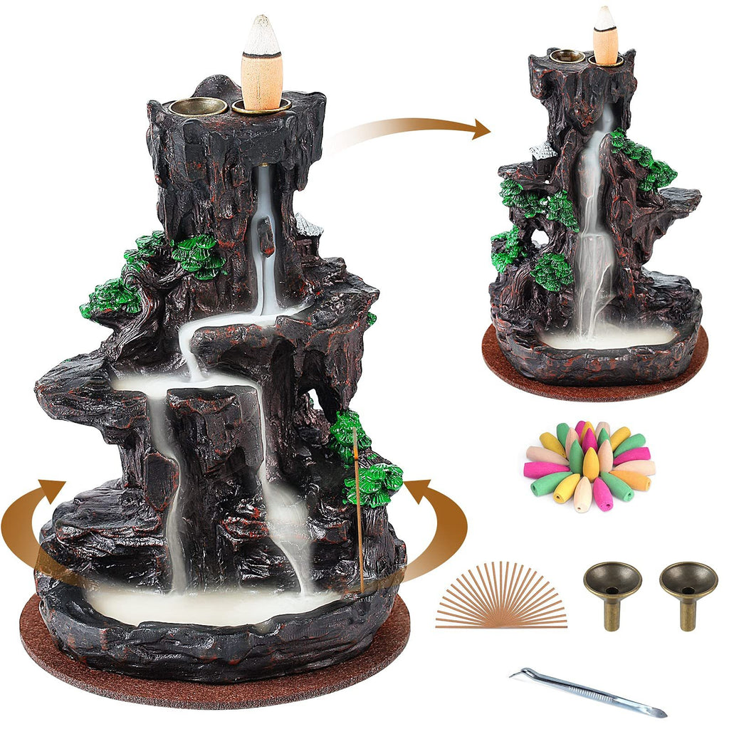 Backflow Incense Burner Waterfall Holder 2-Side Design with 120 Backflow Cones & 30 Incense Sticks - Aromatherapy Ornament for Home Decor, Meditation & Relaxation