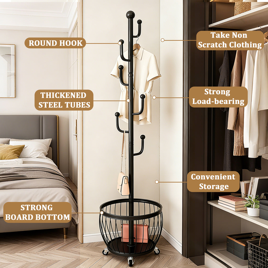 Rotating Coat Rack with Storage Basket and 6 Hooks 4 Wheels Freestanding Entryway Organizer for Coats Hats Bags