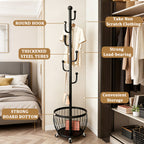 Rotating Coat Rack with Storage Basket and 6 Hooks 4 Wheels Freestanding Entryway Organizer for Coats Hats Bags