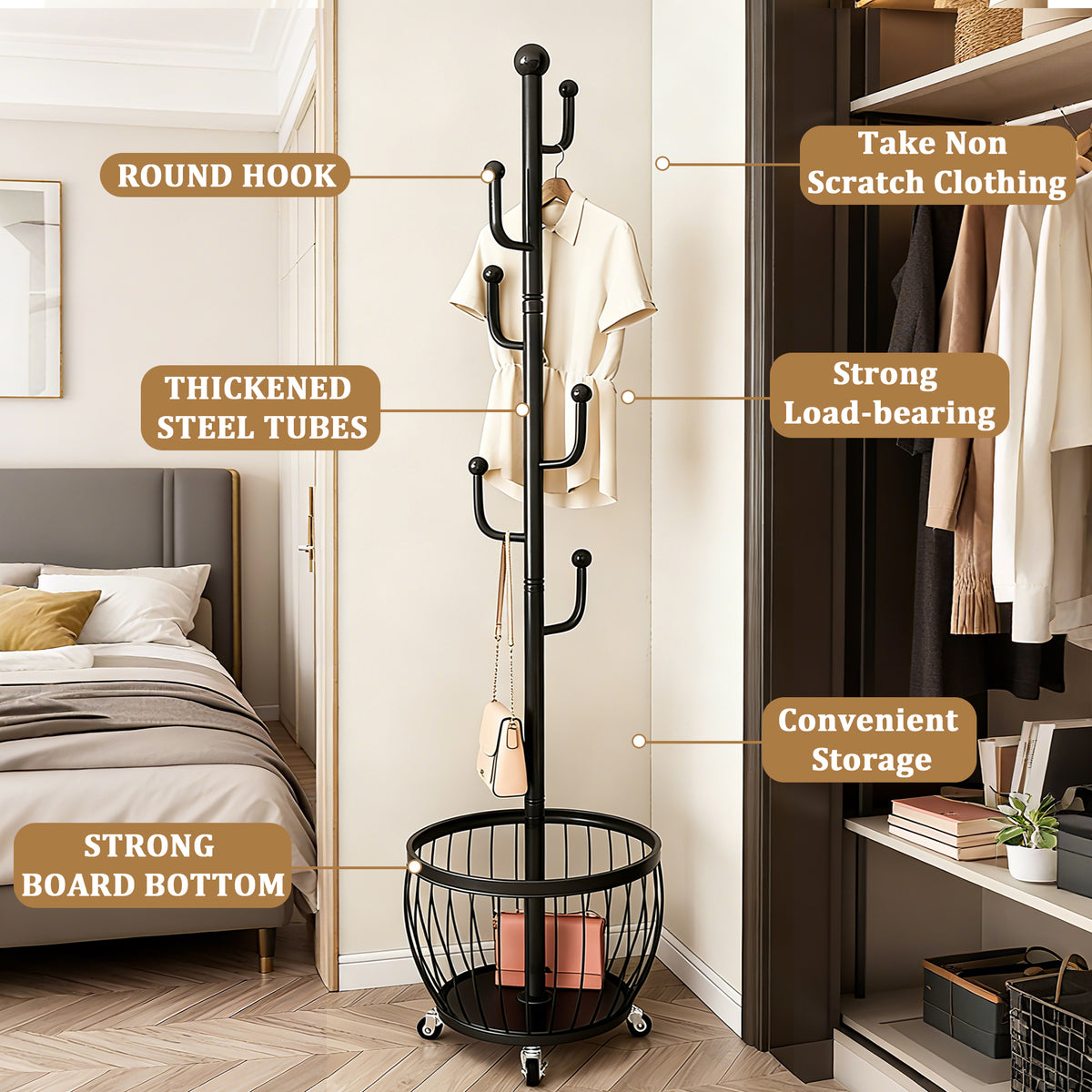 Rotating Coat Rack with Storage Basket and 6 Hooks 4 Wheels Freestanding Entryway Organizer for Coats Hats Bags