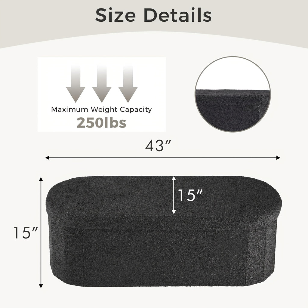 Folding Storage Ottoman Bench – Oval Round Cushioned Foot Stool with Storage Chest, 250 lb Capacity, 30" & 43", Black & White