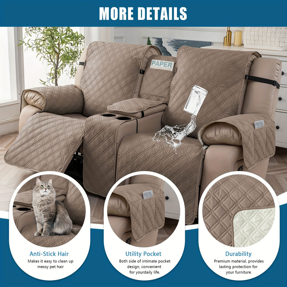 Recliner Loveseat Cover with Console 4-Piece Chenille Quilted Waterproof Slipcover | Non-Slip Pet Scratch Resistant Sofa Protector with Cup Holder Pocket, 9 Colors